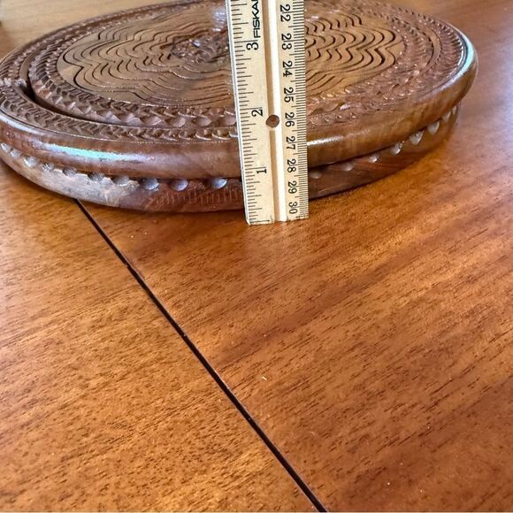 Vintage Hand Carved Rosewood Wooden Folding Basket Trivet with Handle - Picture 12 of 13